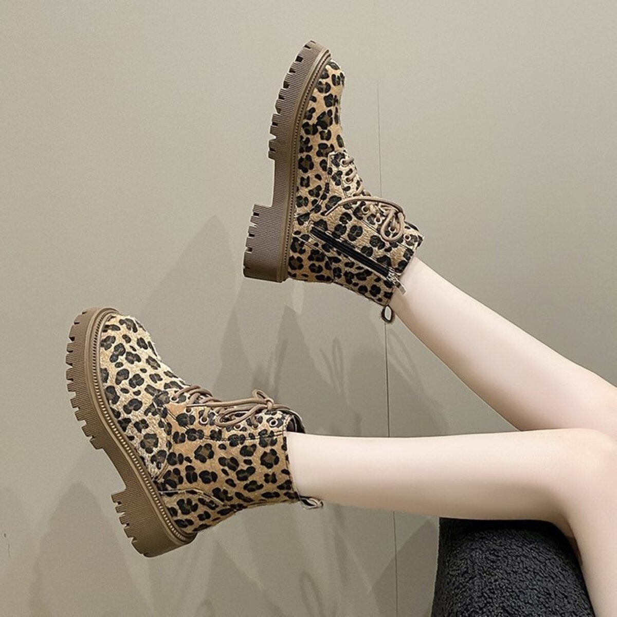 Animal Print Lace-Up Ankle Boots