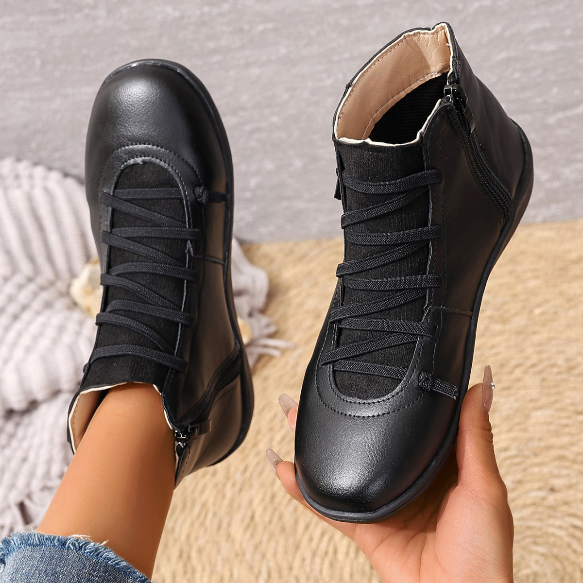 Lace-Up Faux Leather Ankle Boots