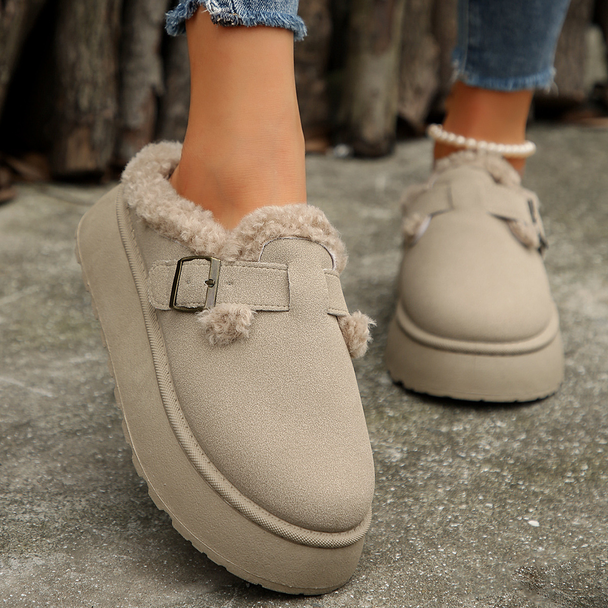 Fuzzy Trim Buckle Platform Slippers