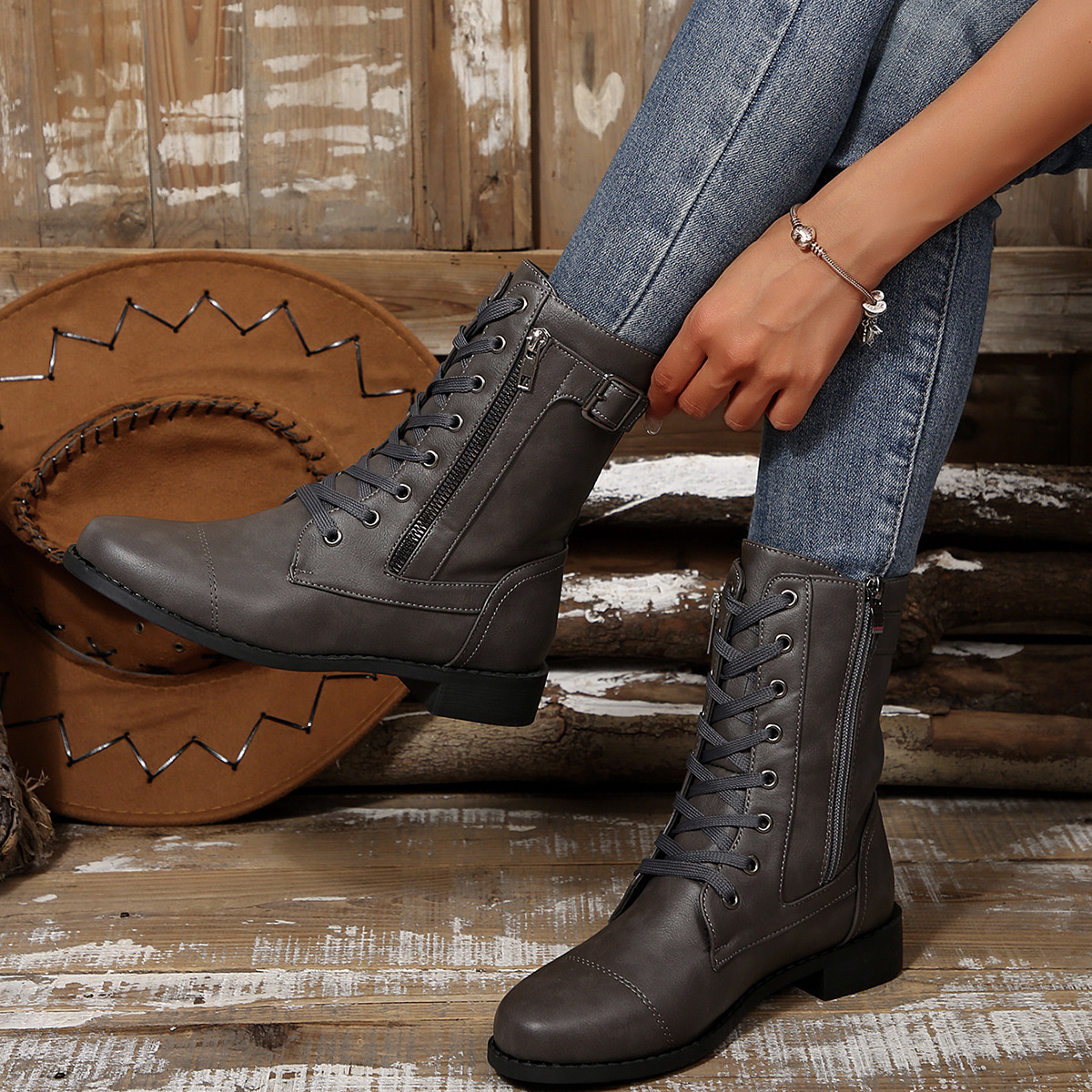 Round Toe Block Heels Boots
