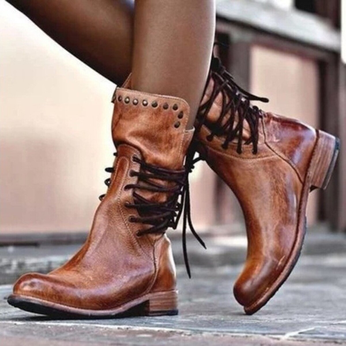 Lace Up Block Heels Boots