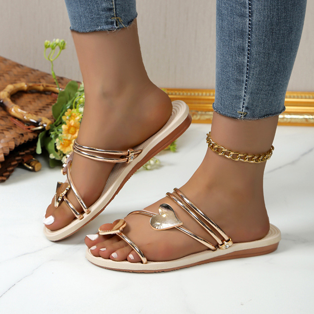 Strappy Heart Detail Flat Sandals