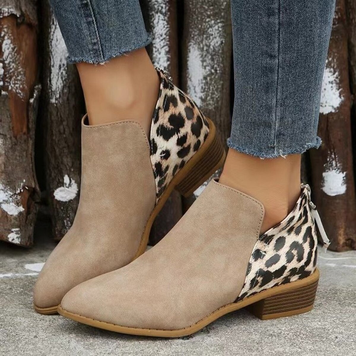 Leopard Point Toe Block Heels Boots