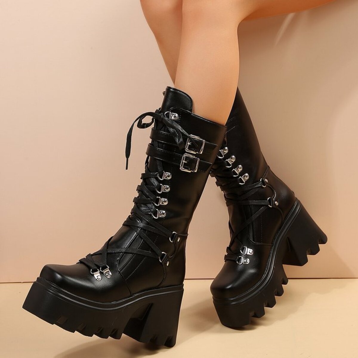Lace Up Block Heels Boots