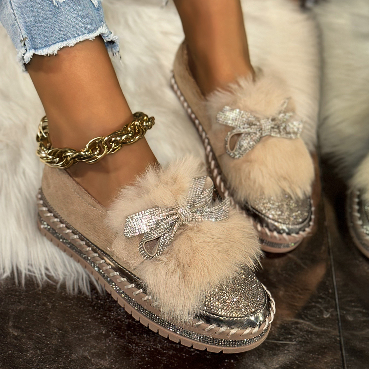 Fuzzy Bowknot Rhinestone Platform Loafers