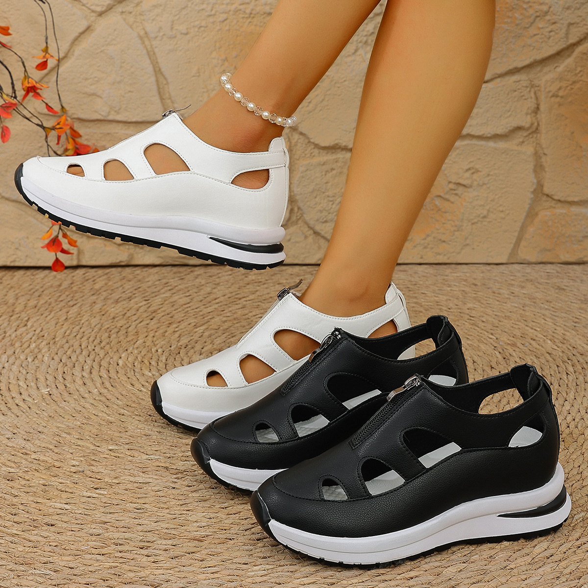 Cutout Zipper Wedge Sneakers