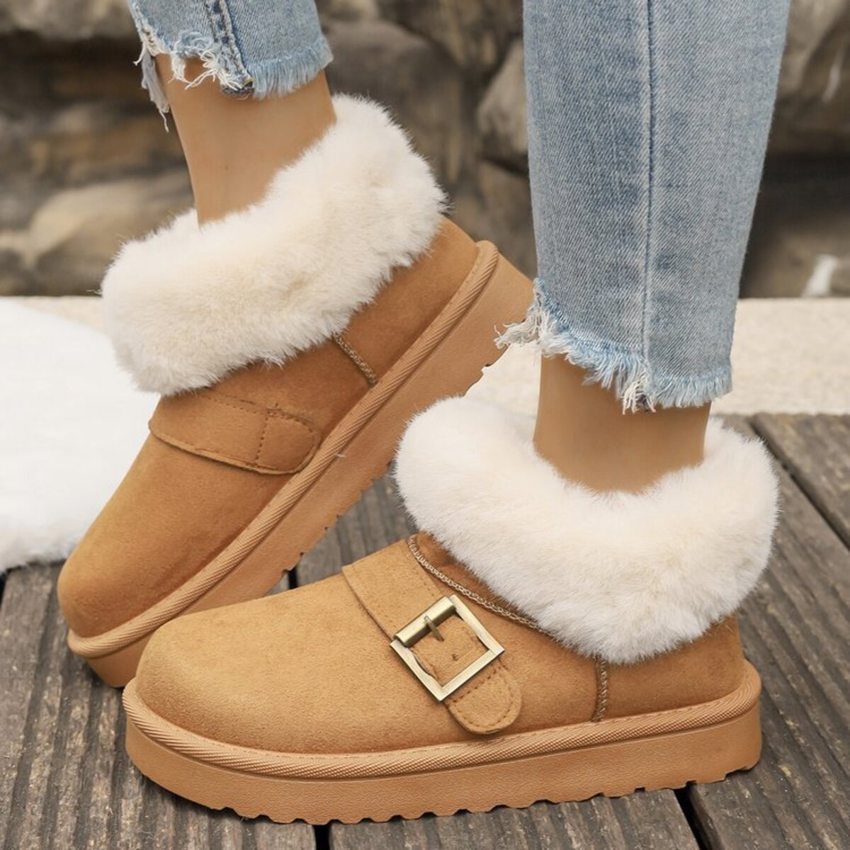 Fuzzy Trim Buckle Accent Winter Boots