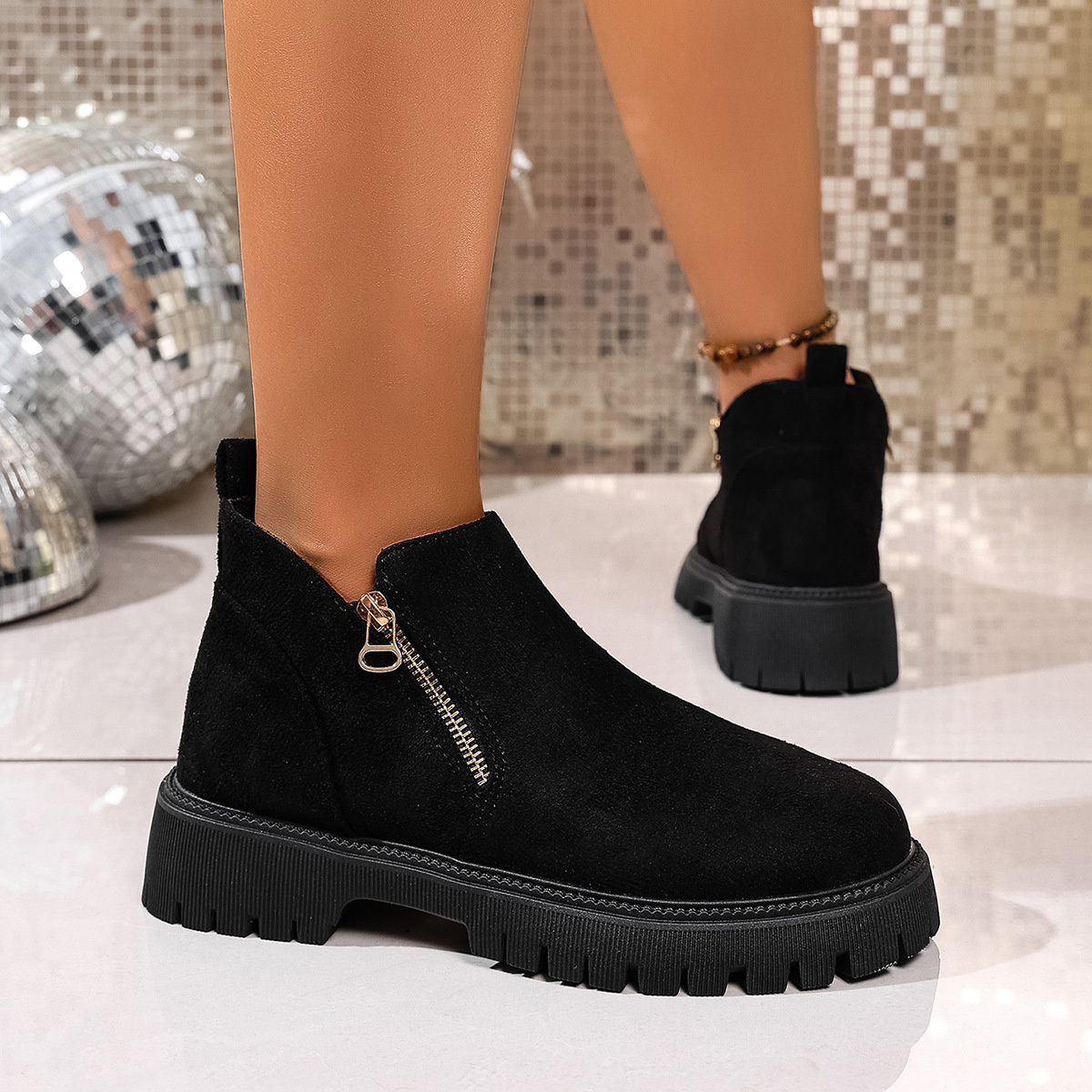 Round Toe Side Zip Ankle Boots