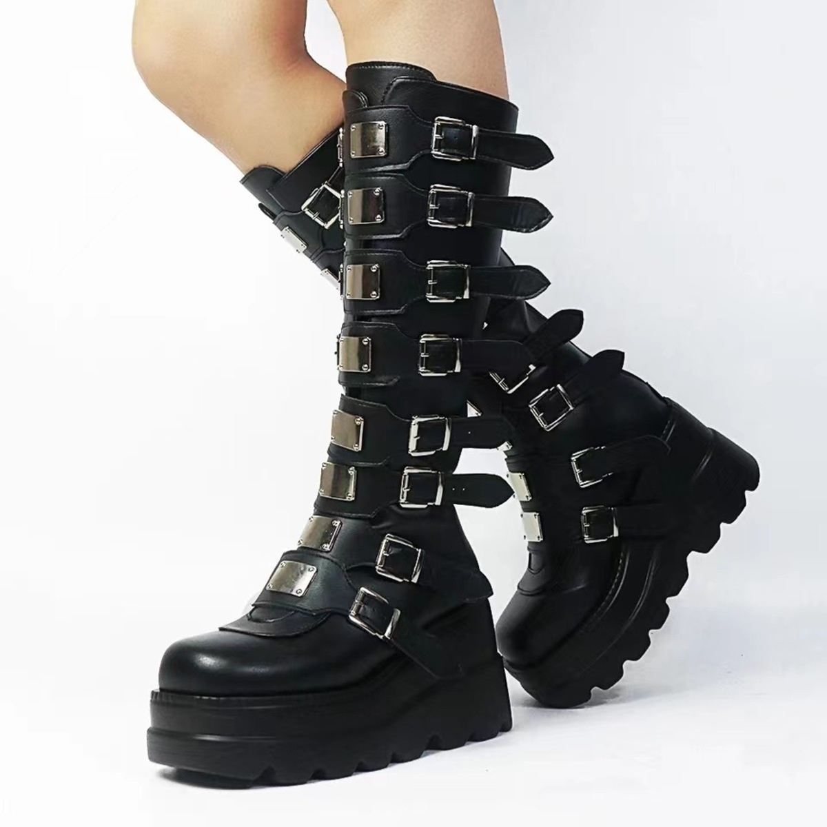 Multi-Buckle Platform Knee-High Boots