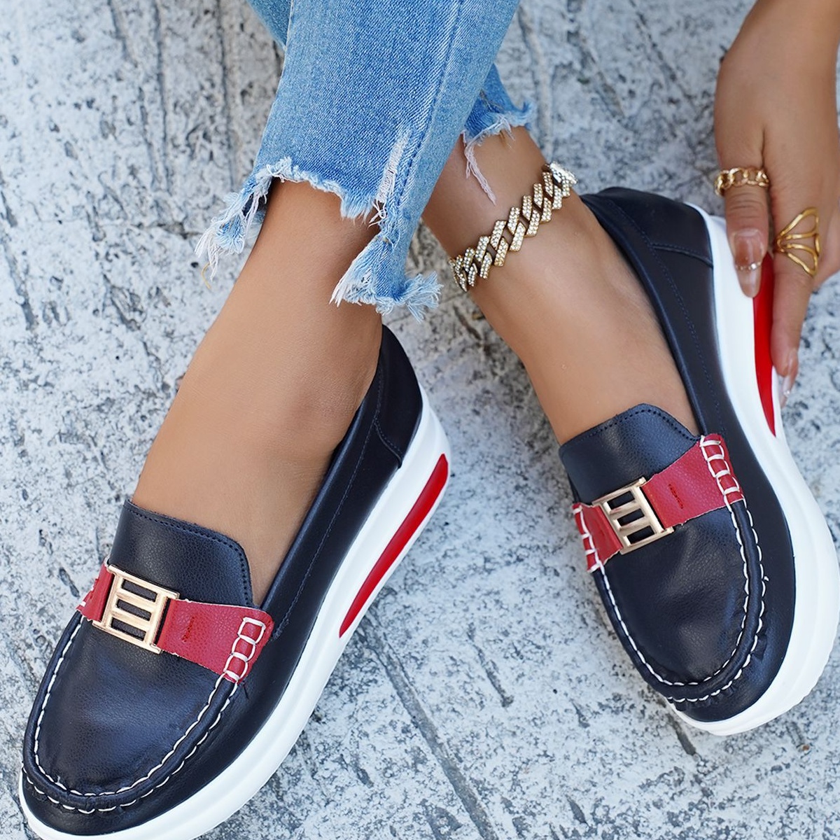 Metal Buckle Round Toe Slip-Ons