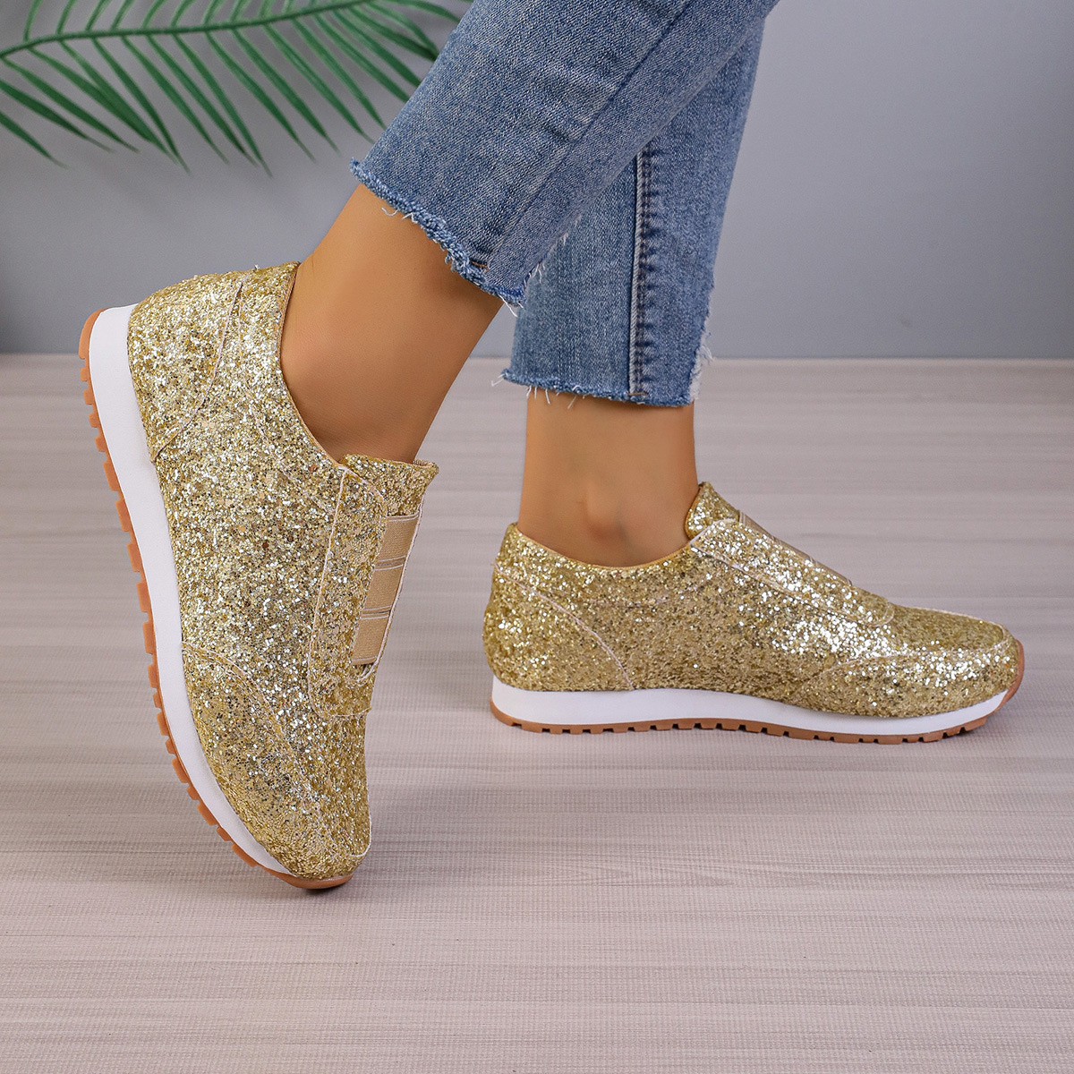 Round Toe Glitter Slip-Ons
