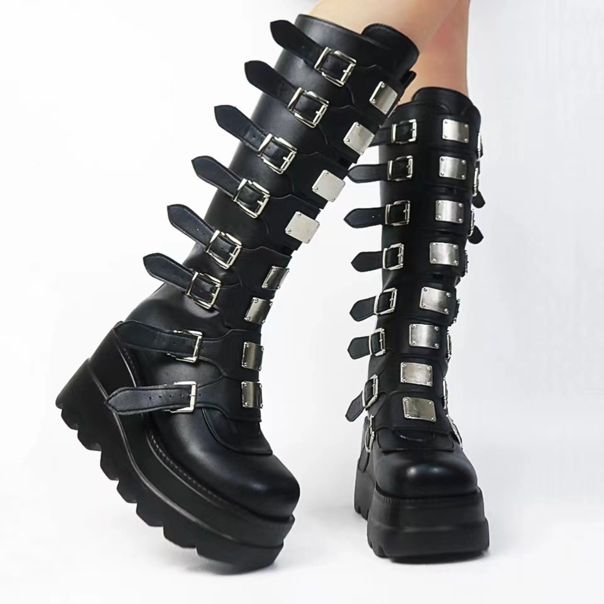 Multi-Buckle Platform Knee-High Boots