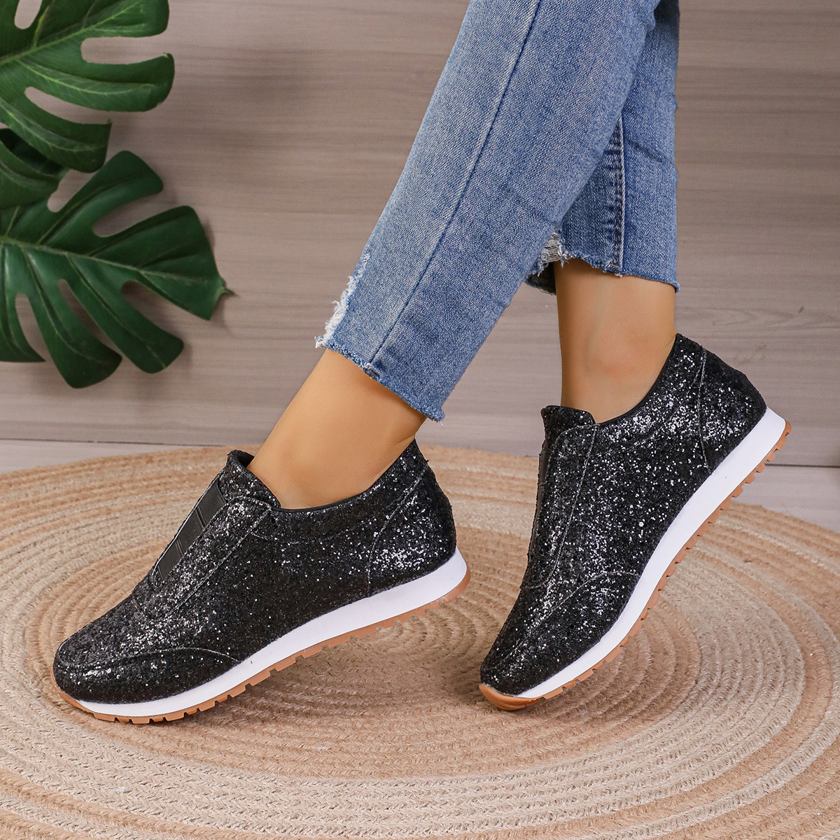 Round Toe Glitter Slip-Ons