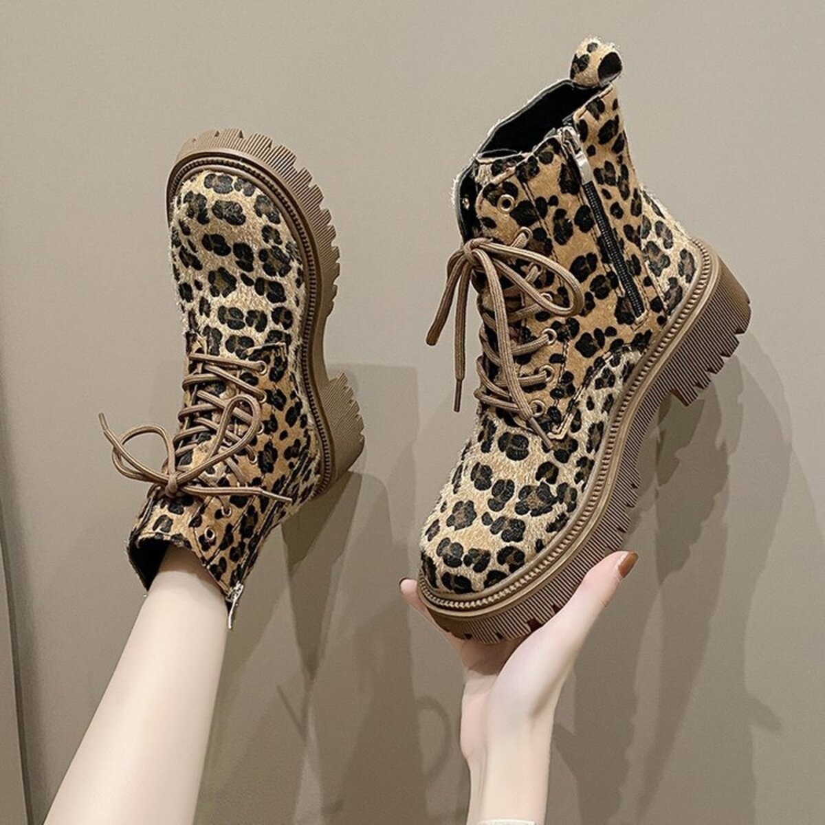 Animal Print Lace-Up Ankle Boots