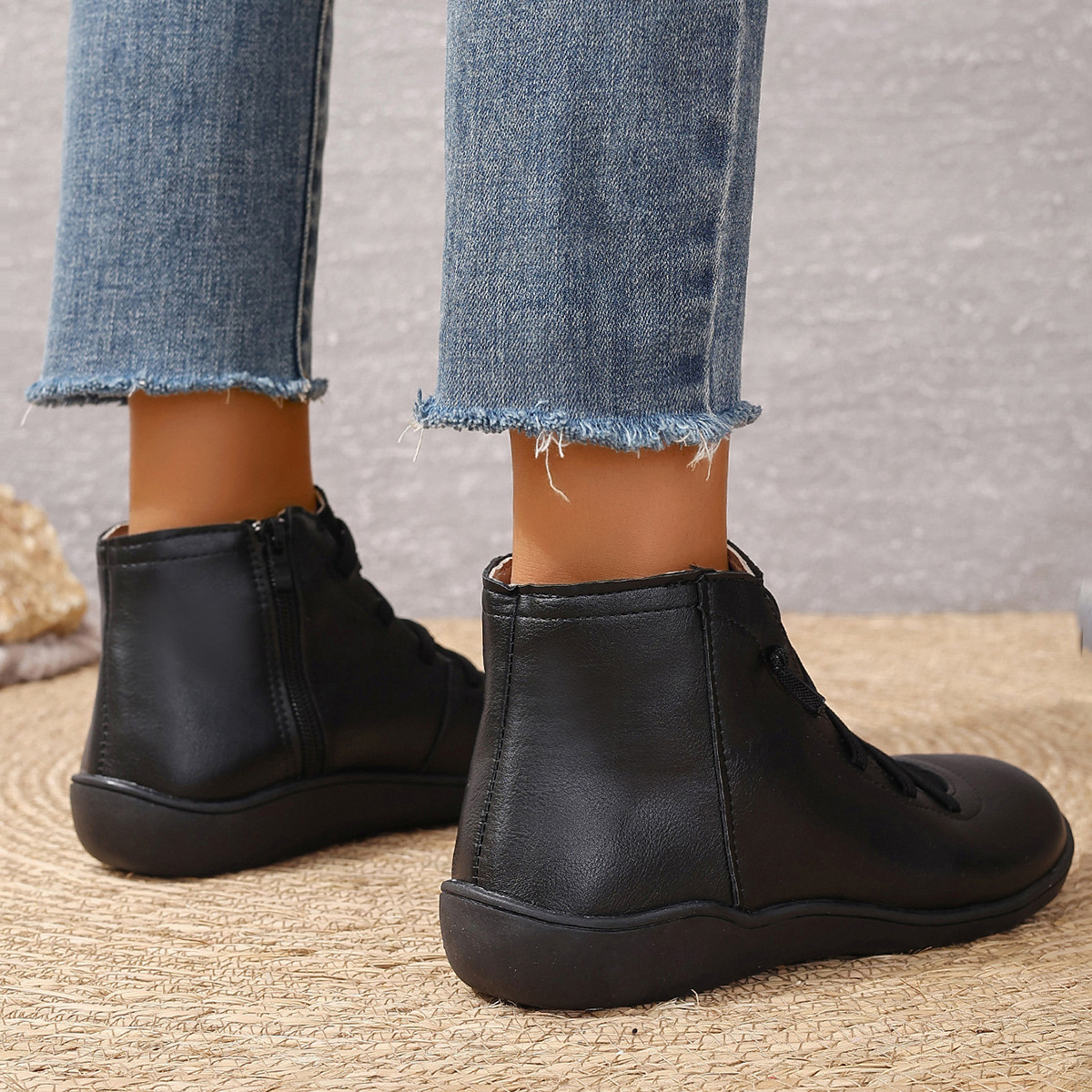 Lace-Up Faux Leather Ankle Boots