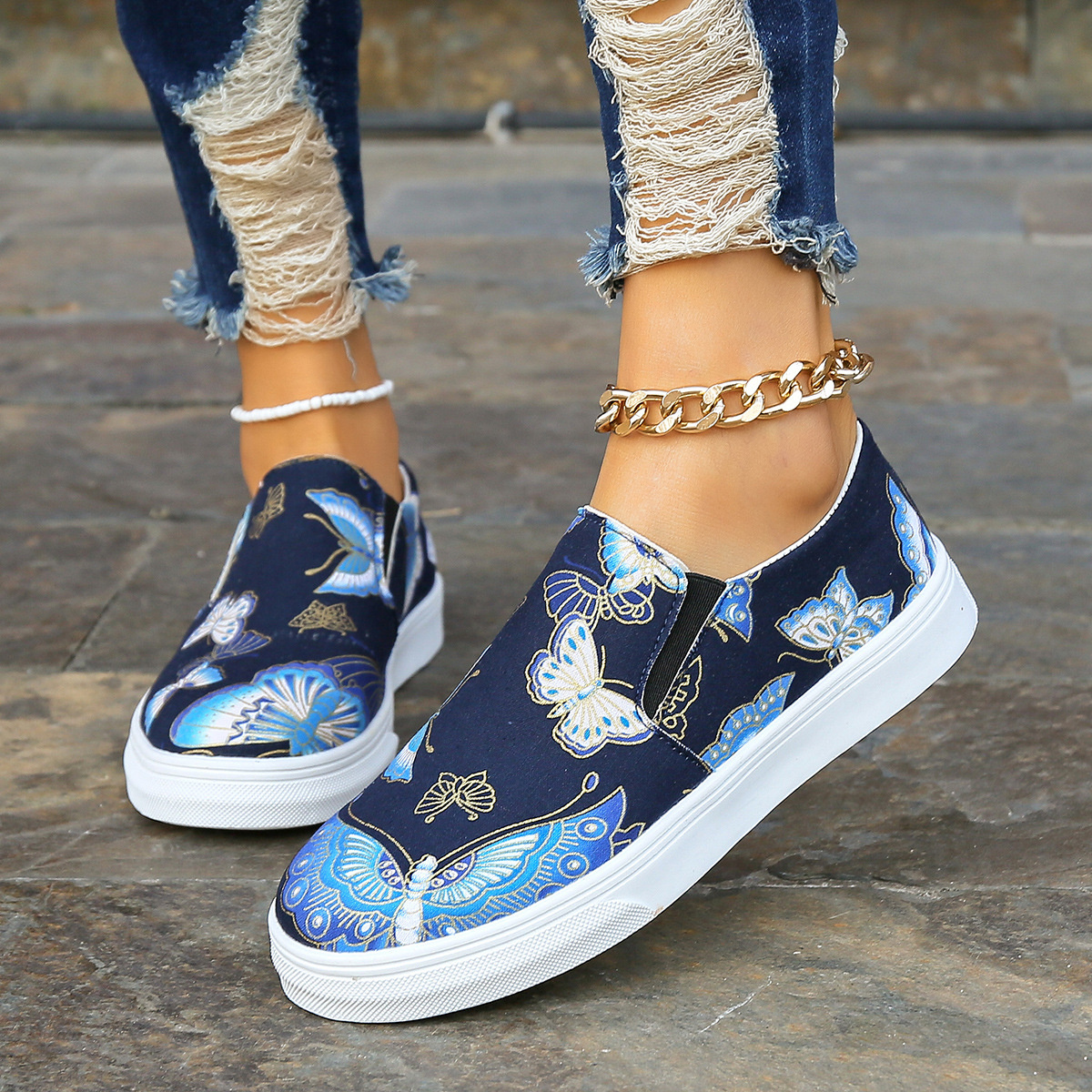 Butterfly Print Round Toe Slip-Ons