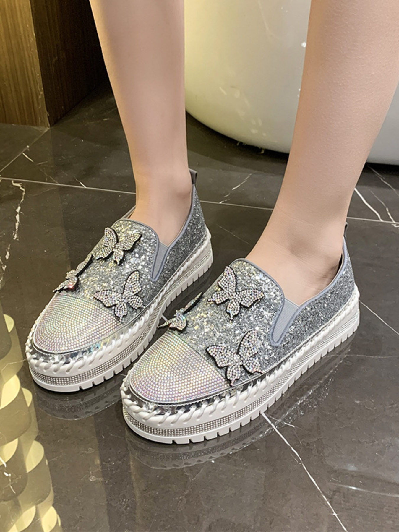 Rhinestone Embellished Platform Slip-Ons