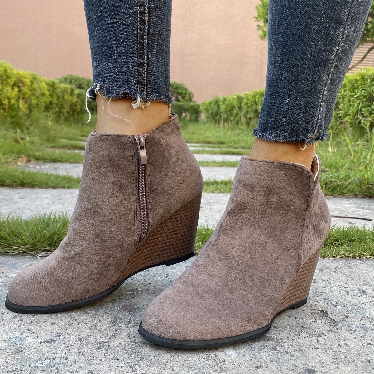 Round Toe Wedge Ankle Boots
