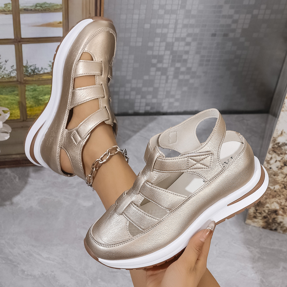 Cutout Wedge Velcro Sandals