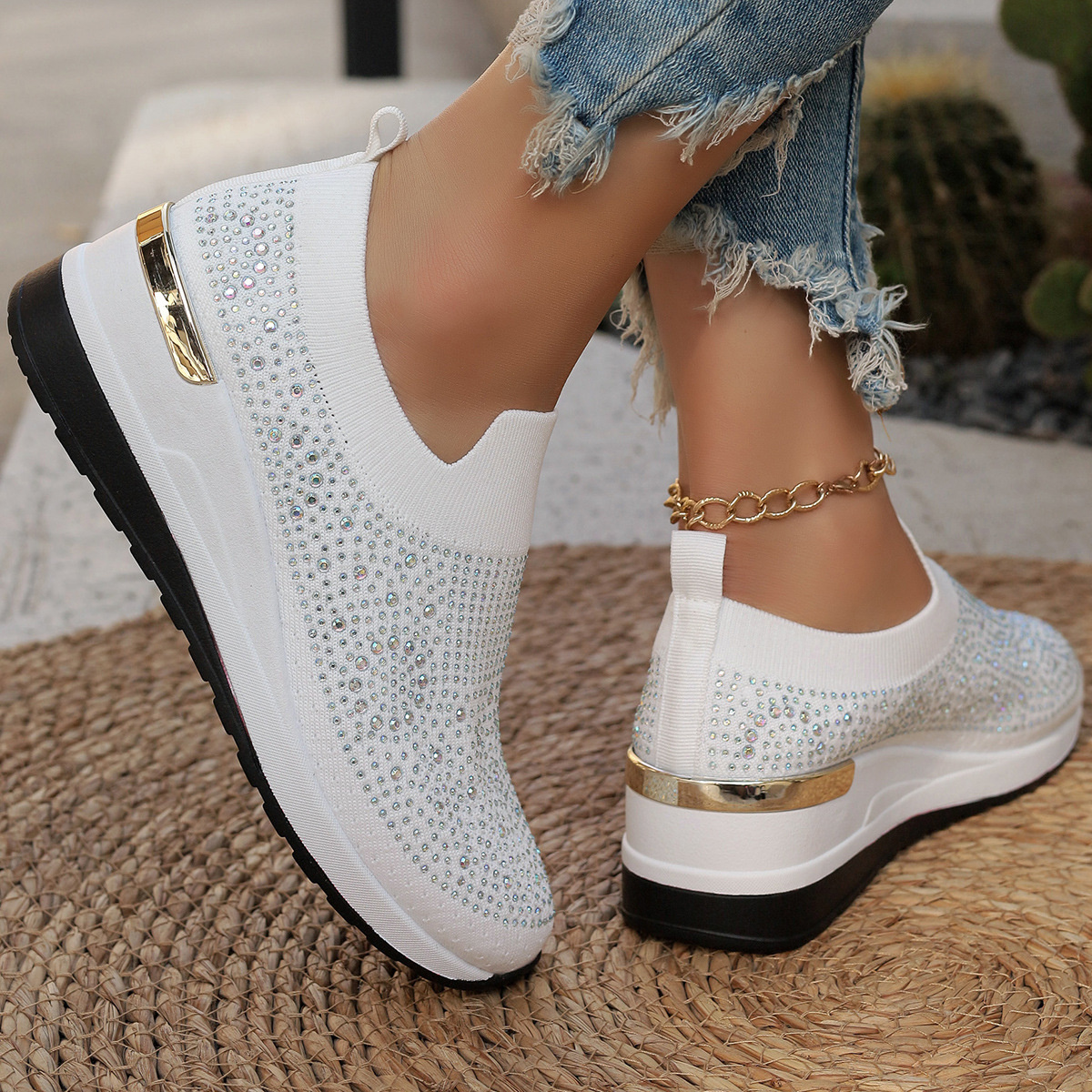 Rhinestone Round Toe Slip-Ons