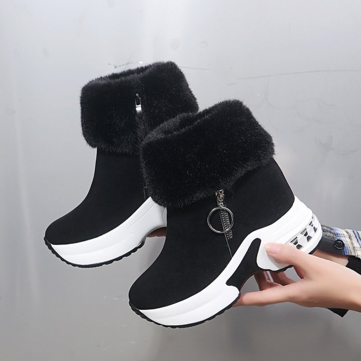 Fuzzy Side Zipper Platform Ankle Boots
