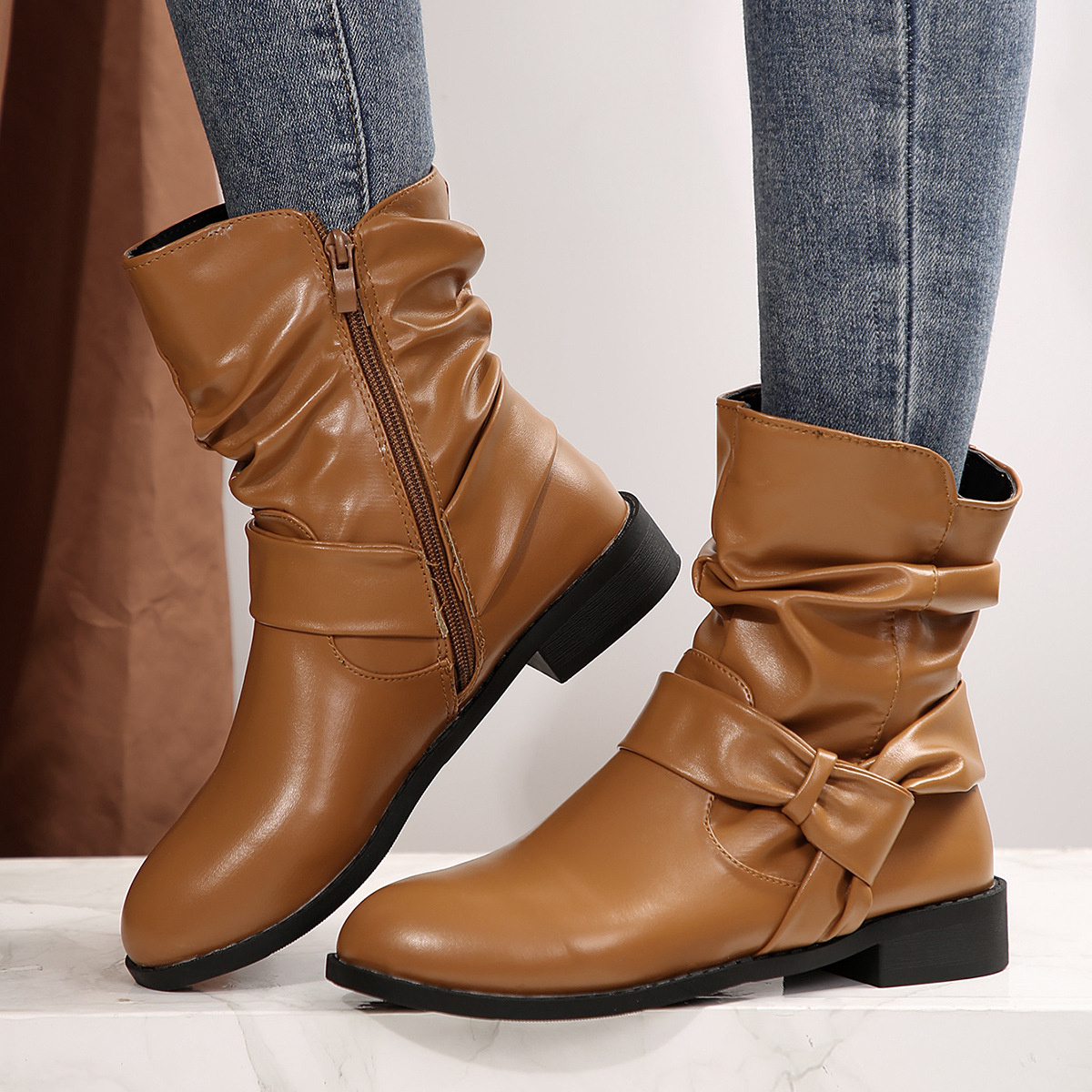 Round Toe Low Heel Boots