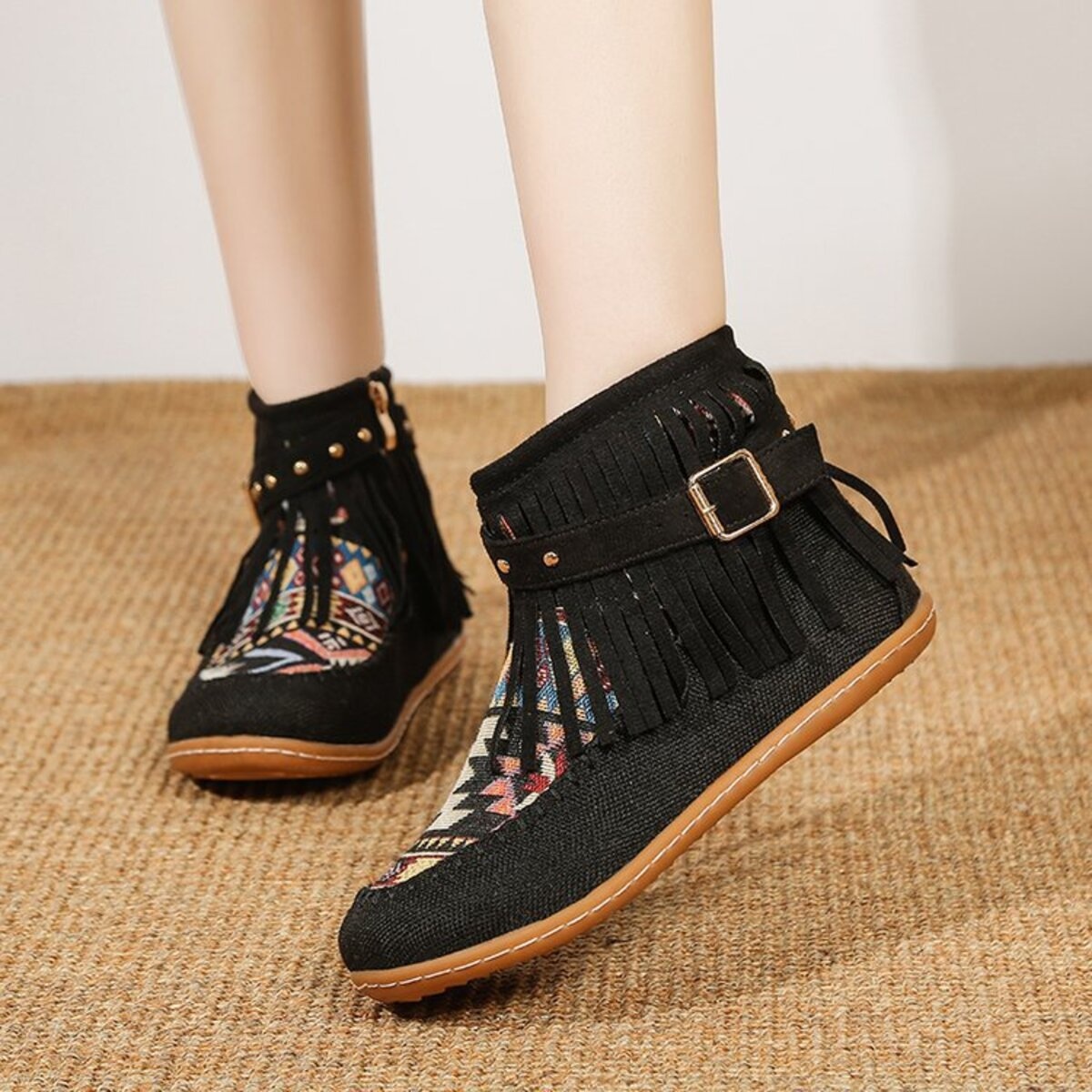 Fringe Side Zipper Ankle Boots