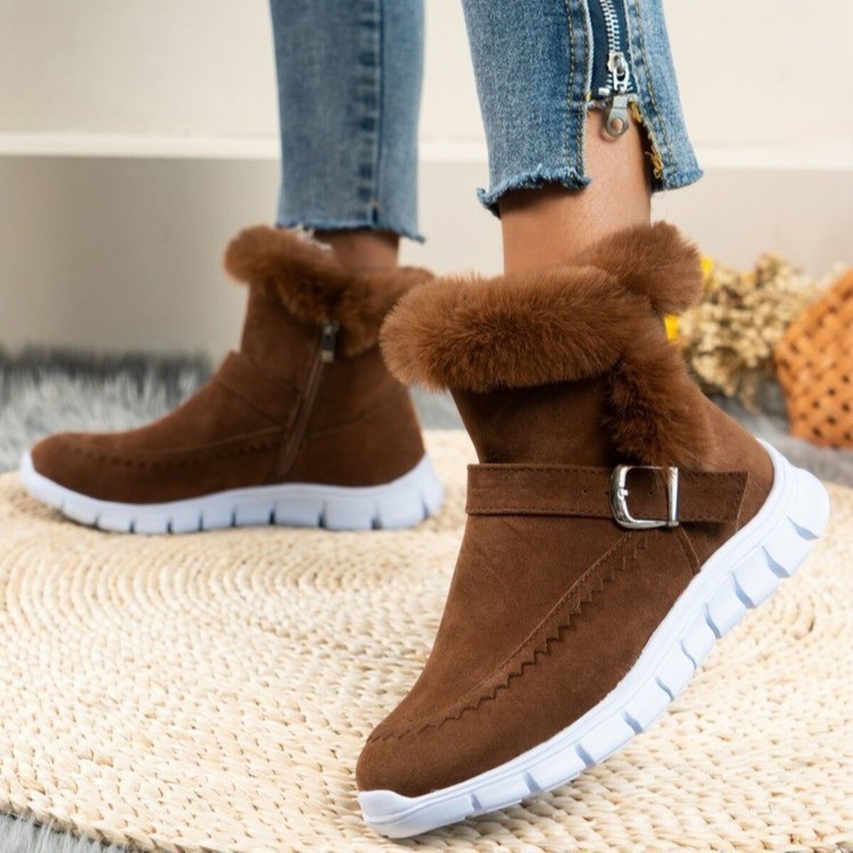 Faux Fur Trim Ankle Boots
