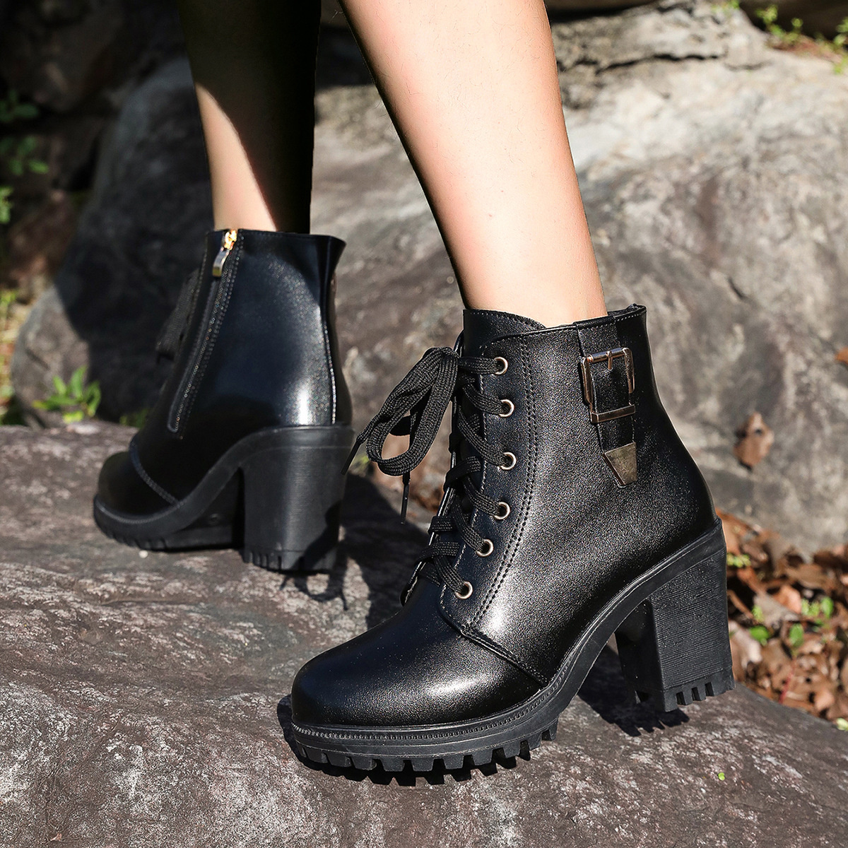 Lace Up Block Heels Boots