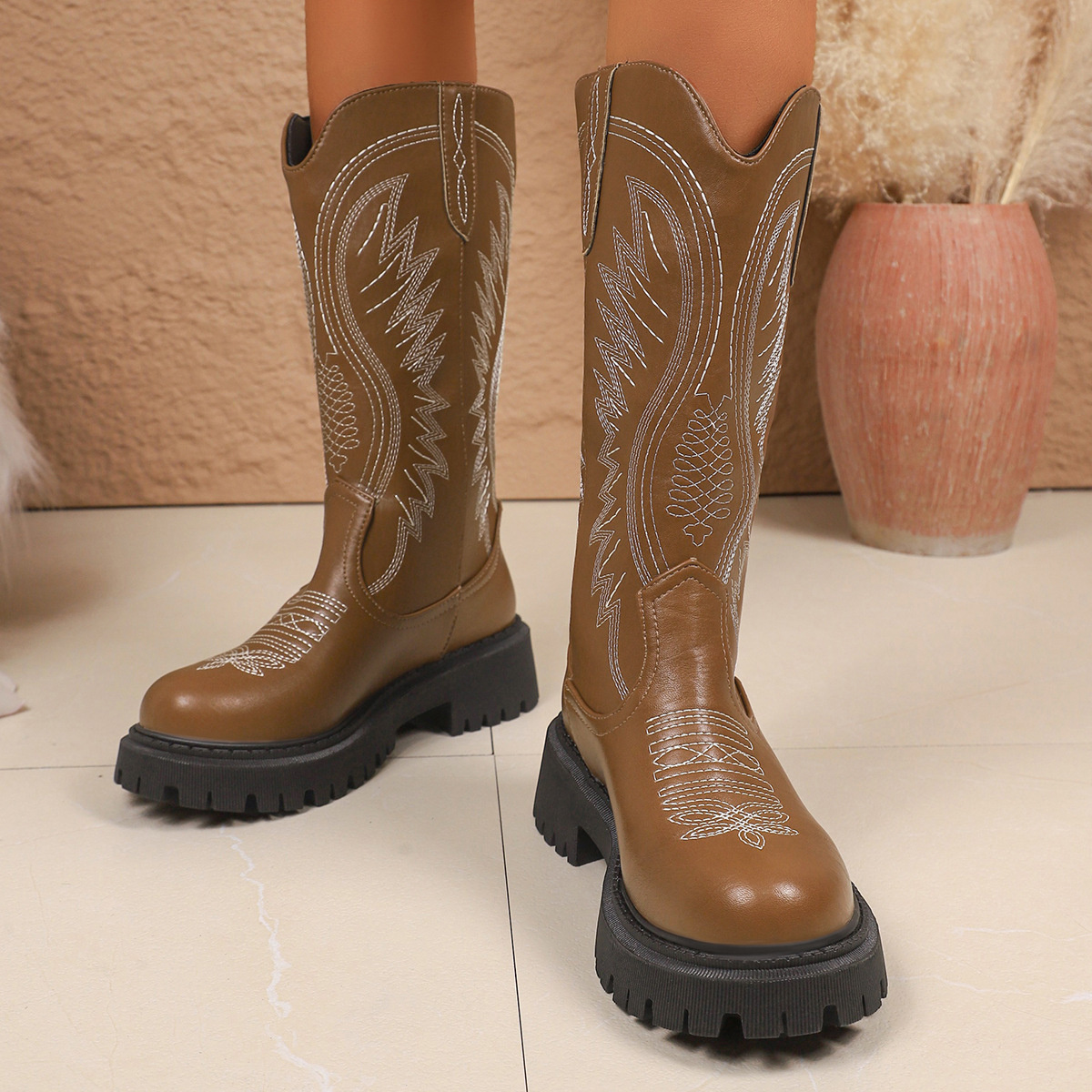 Round Toe Block Heels Boots