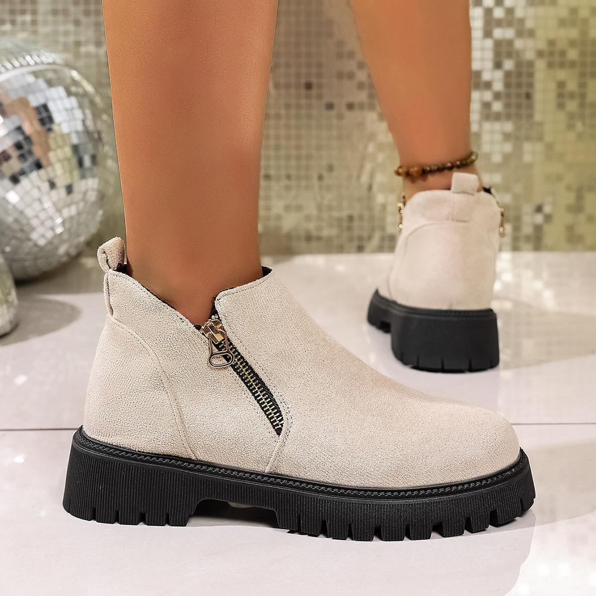 Round Toe Side Zip Ankle Boots