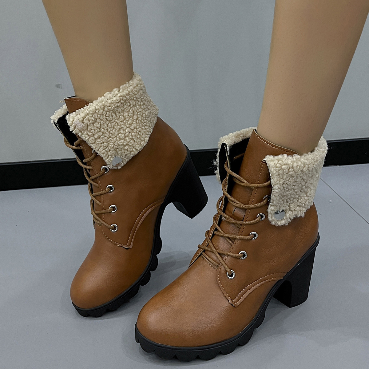Lace Up Block Heels Boots