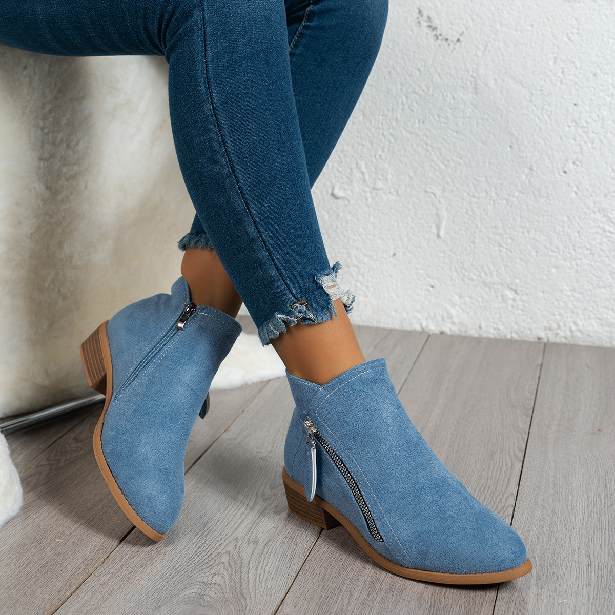 Side Zip Ankle Boots with Block Heel