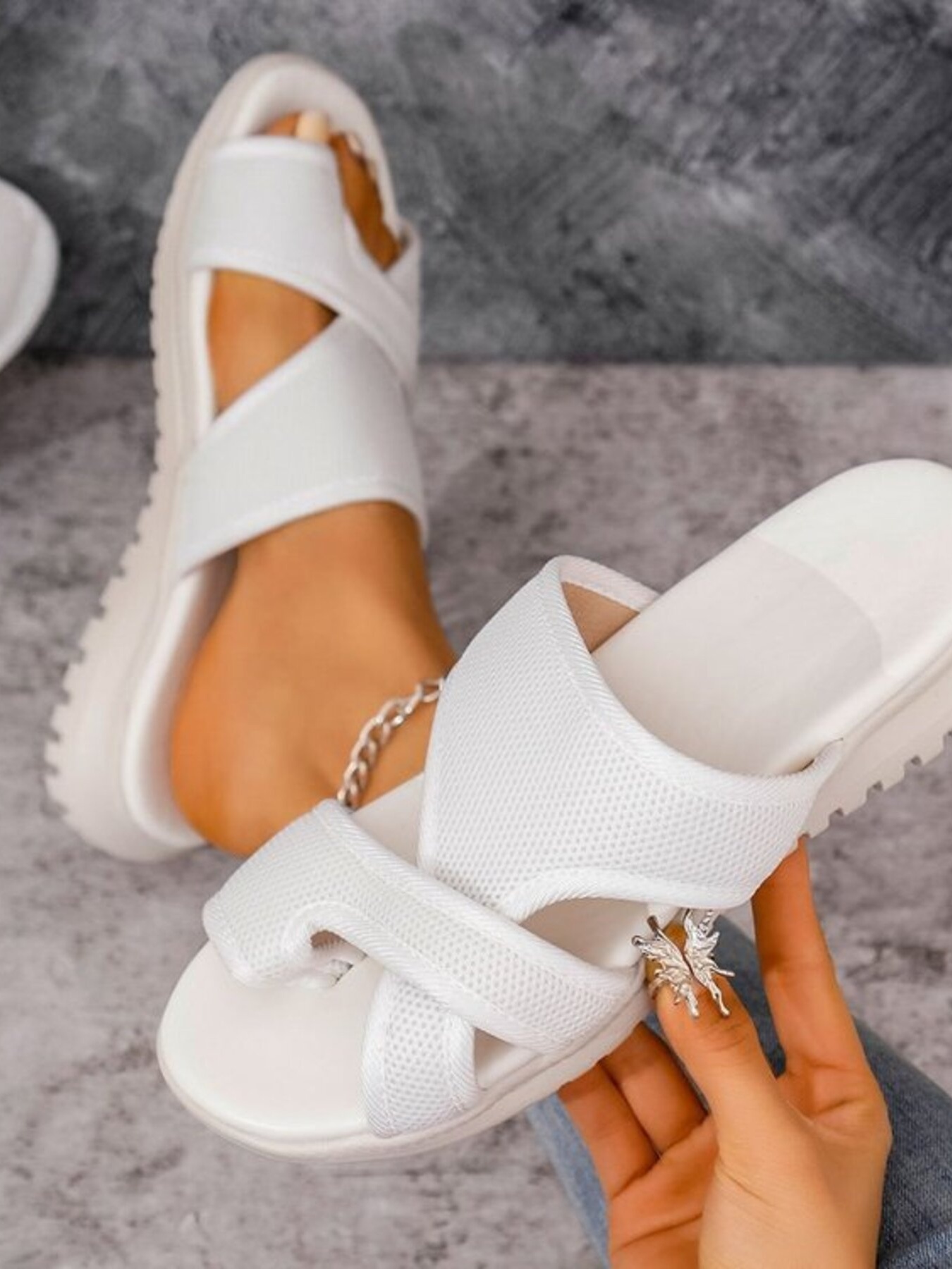 Cutout Mesh Solid Color Sandals