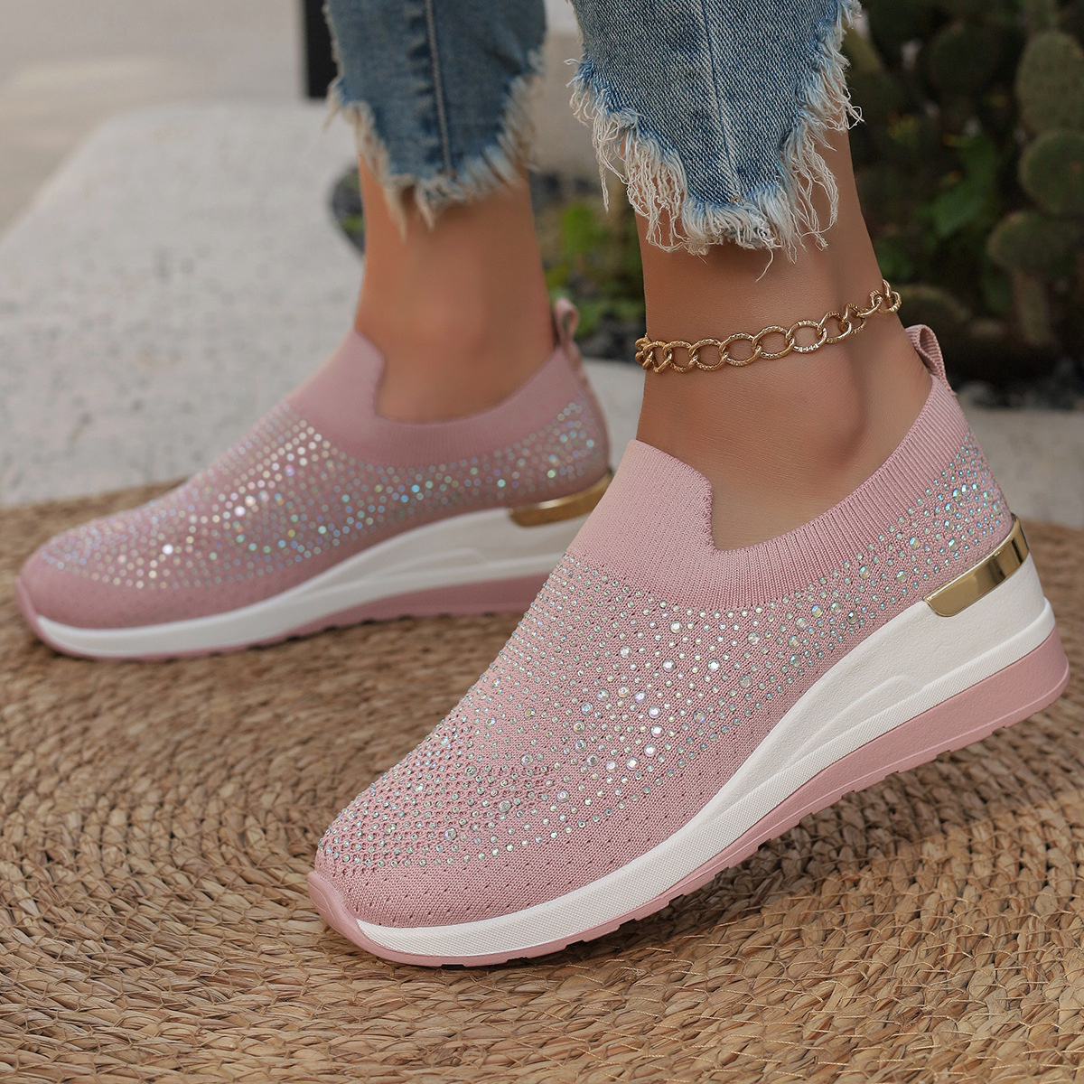 Rhinestone Round Toe Slip-Ons
