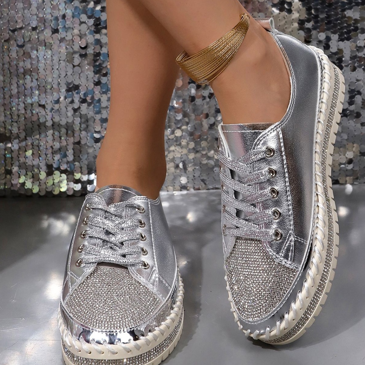 Rhinestone Round Toe Sneakers