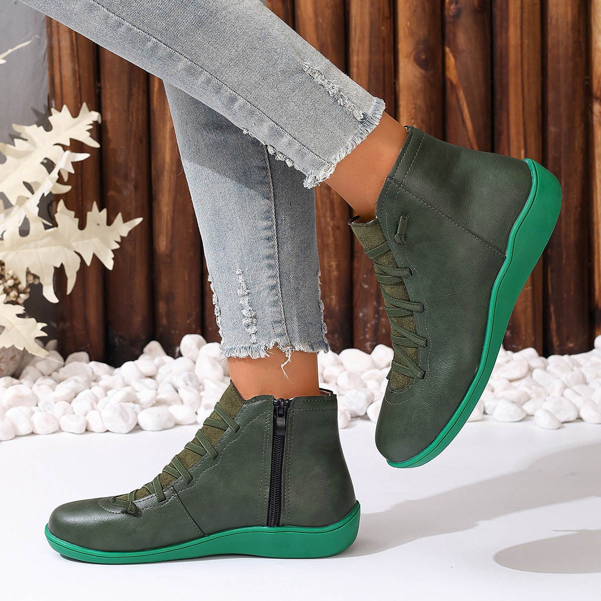 Lace-Up Faux Leather Ankle Boots