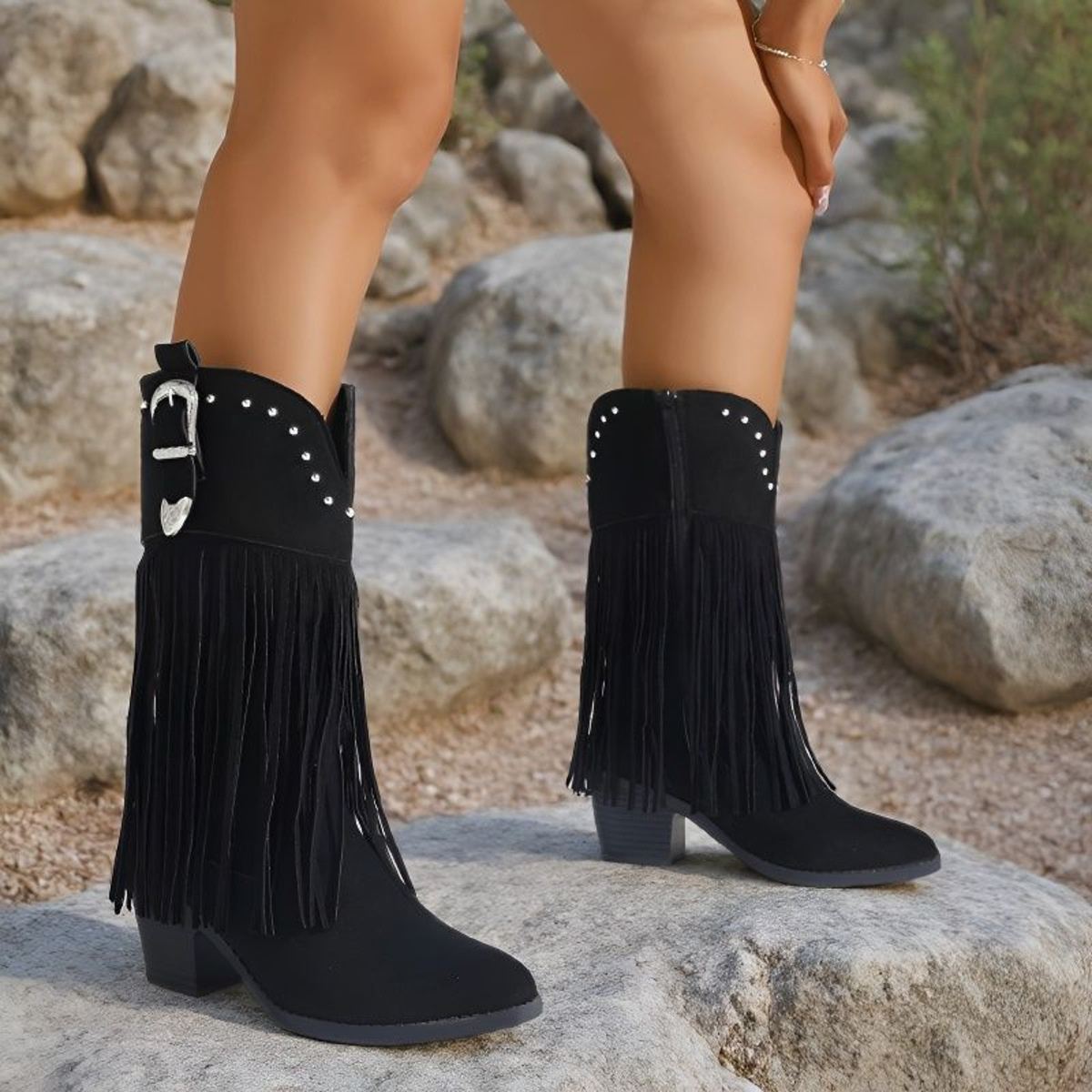 Fringe Round Toe Block Heels Boots