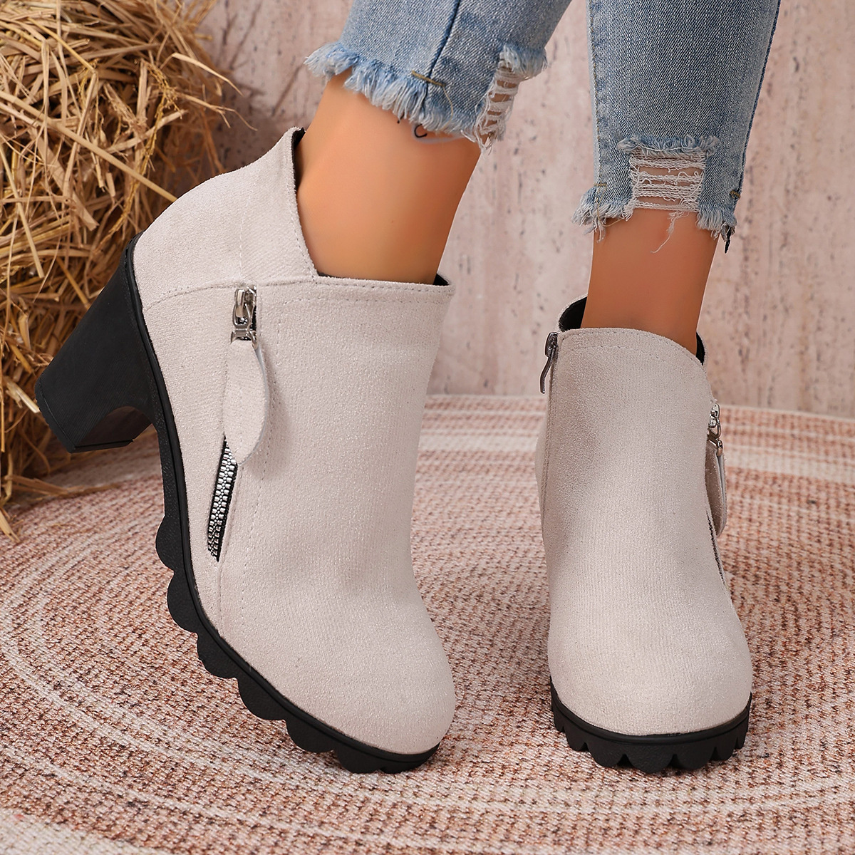 Round Toe Block Heels Boots