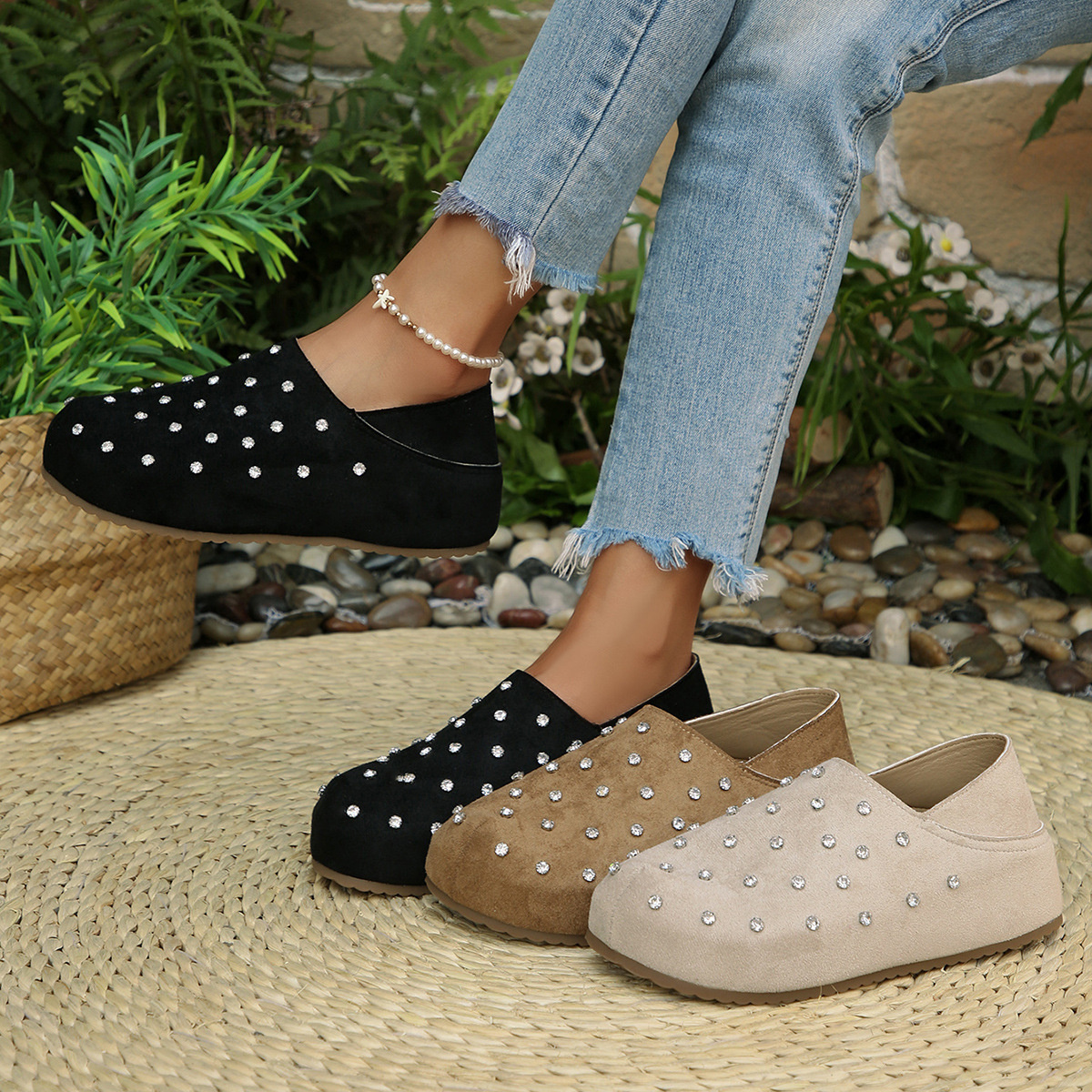 Rhinestone Round Toe Slip-Ons