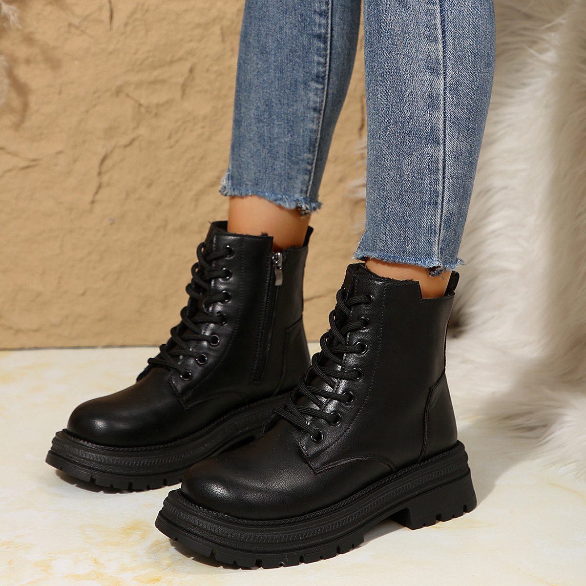 Lace Up Round Toe Platform Boots