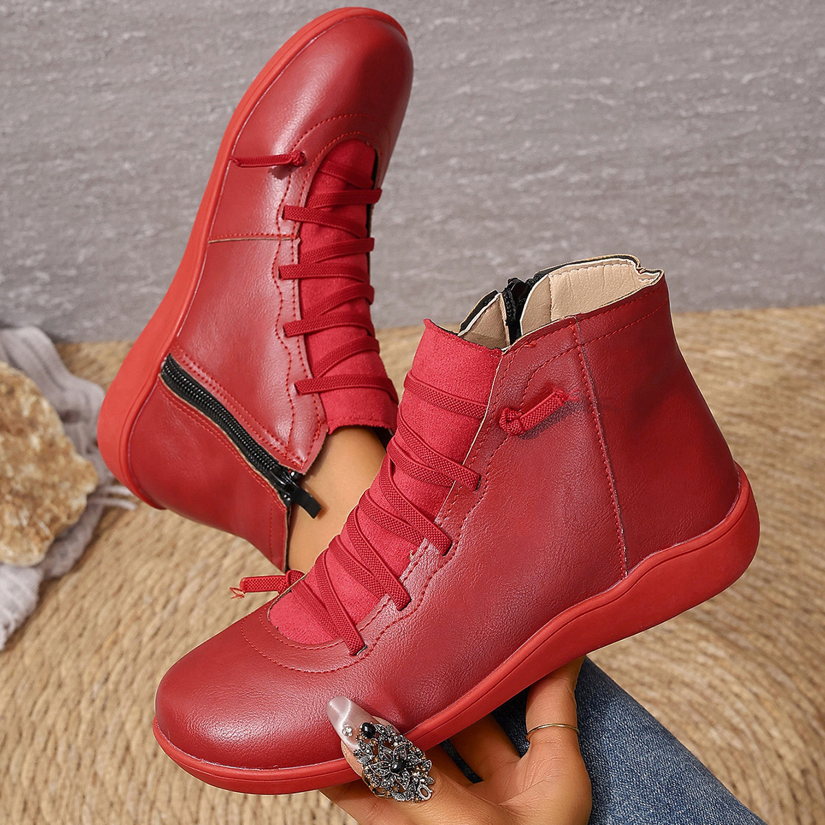 Lace-Up Faux Leather Ankle Boots