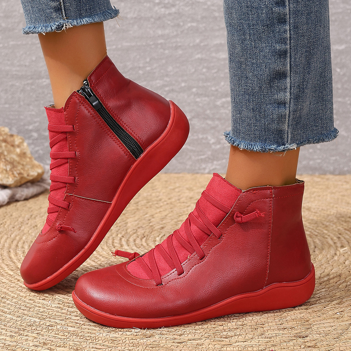 Lace-Up Faux Leather Ankle Boots