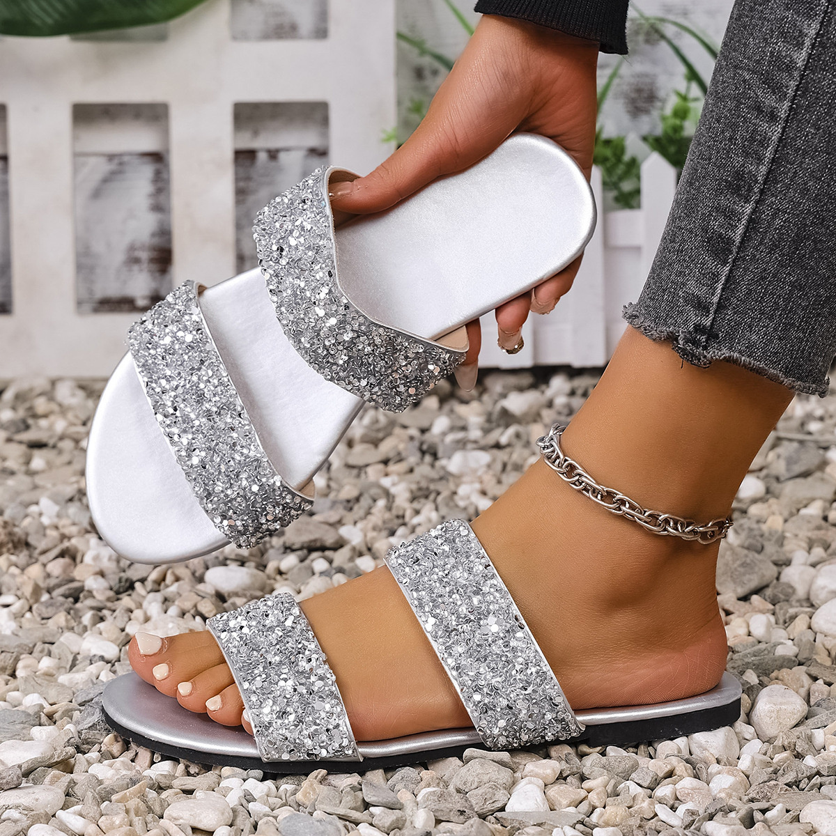 Sequin Open Toe Flats Sandals