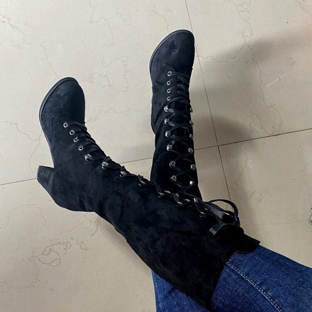 Lace Up Block Heels Boots