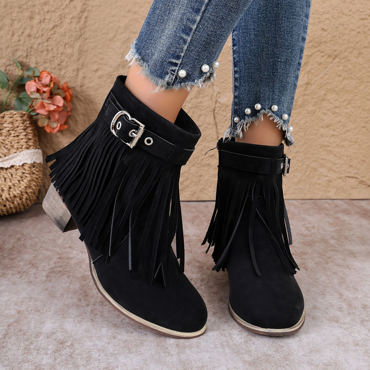 Fringe Ankle Boots with Buckle Detail
