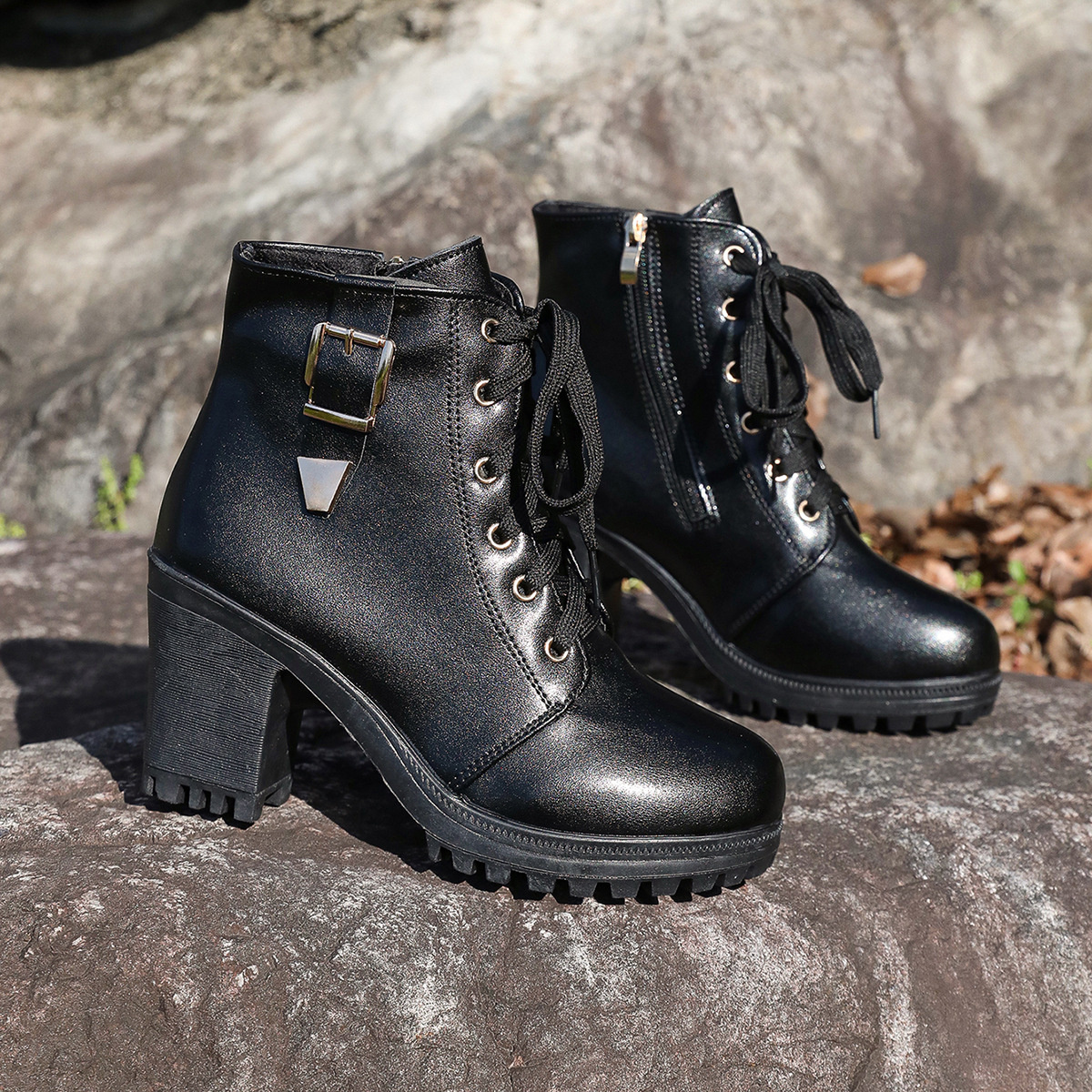 Lace Up Block Heels Boots