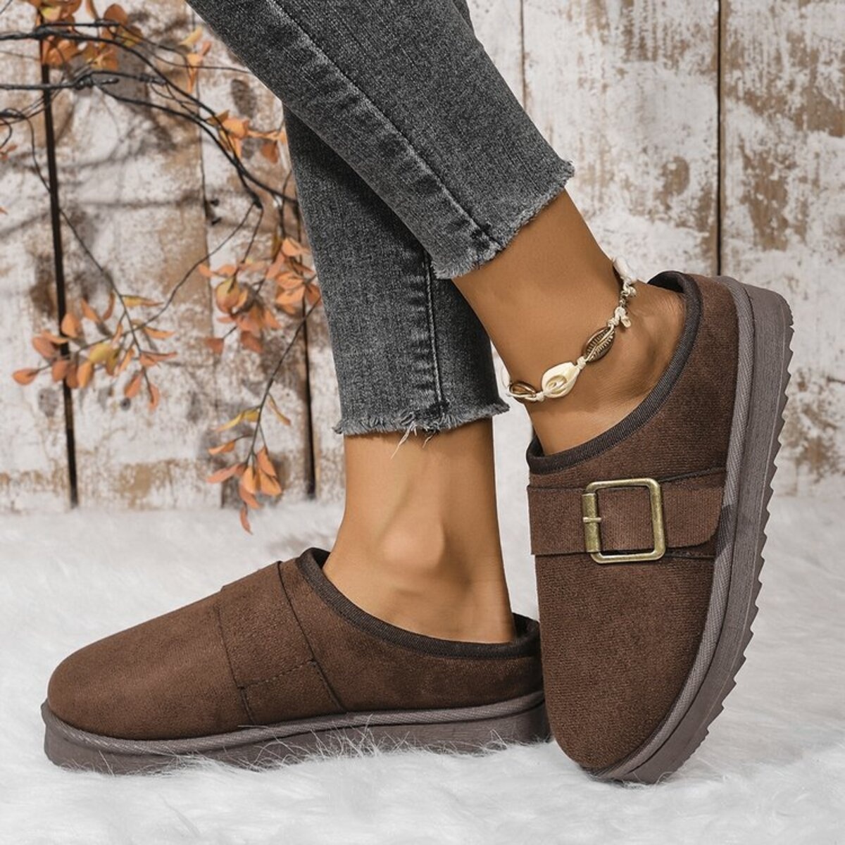 Buckle Decor Plush Lined Warm Slippers