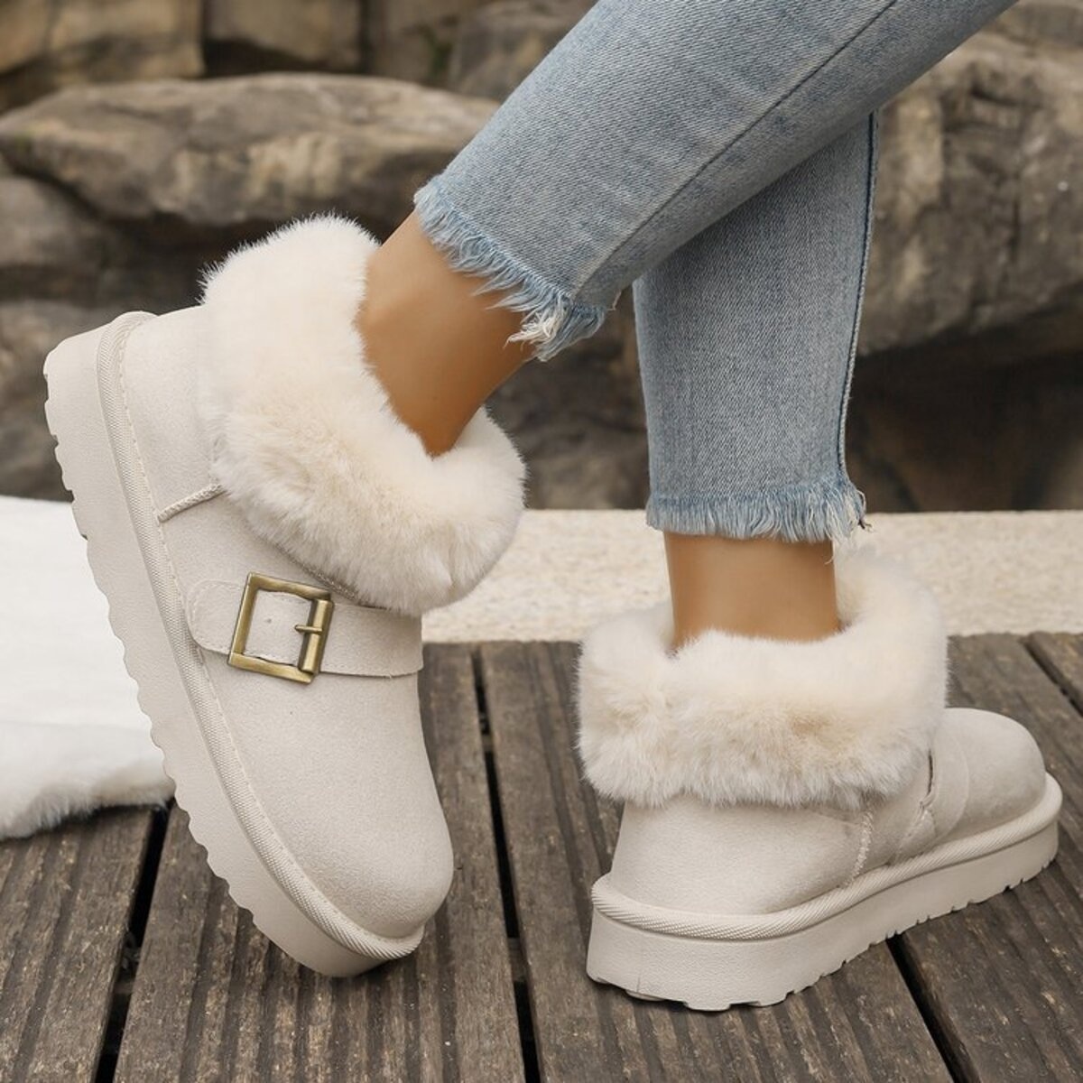 Fuzzy Trim Buckle Accent Winter Boots