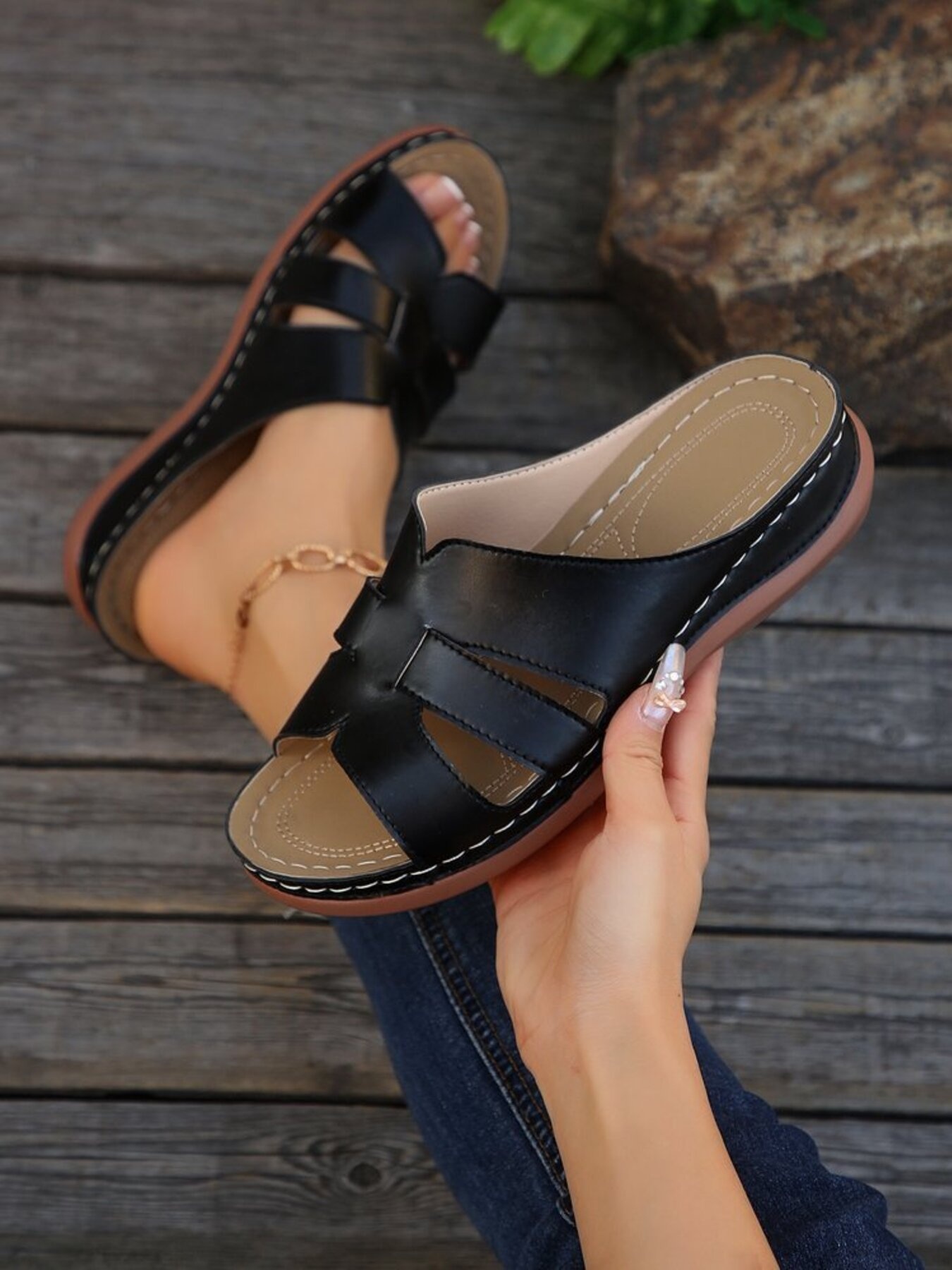 Cutout Leather Open Toe Sandals